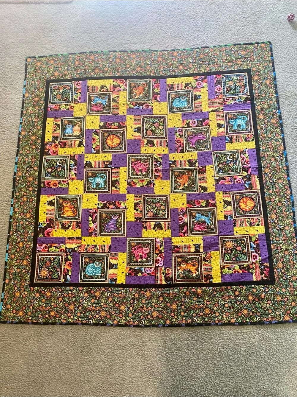 Vintage Handmade Reversible Cat on one side Butterflies on other Twin Size Quilt